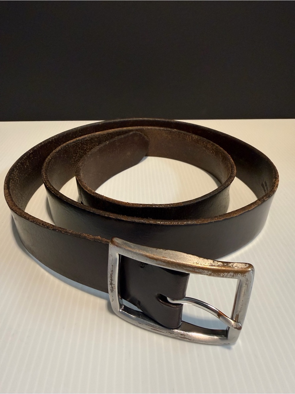 Vintage Brooks Brothers Brown Leather Belt Silver Rectangular Buckle USA Made 38